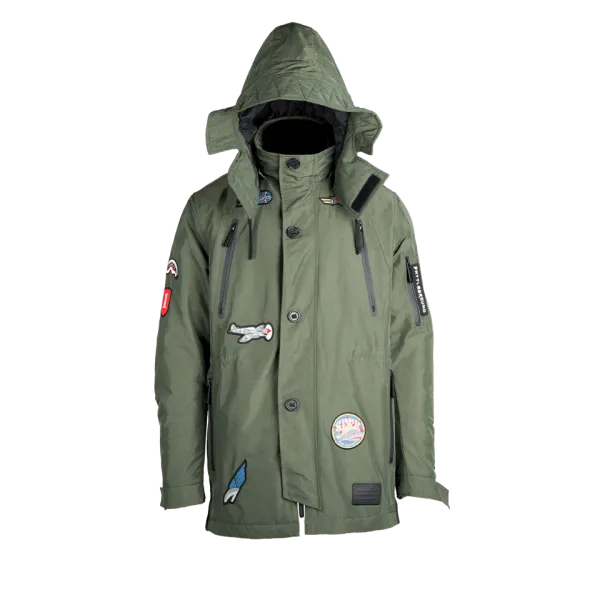 GREEN ARMY PATCHES LONG PARKA HOODY MENS (SIZE SMALL)